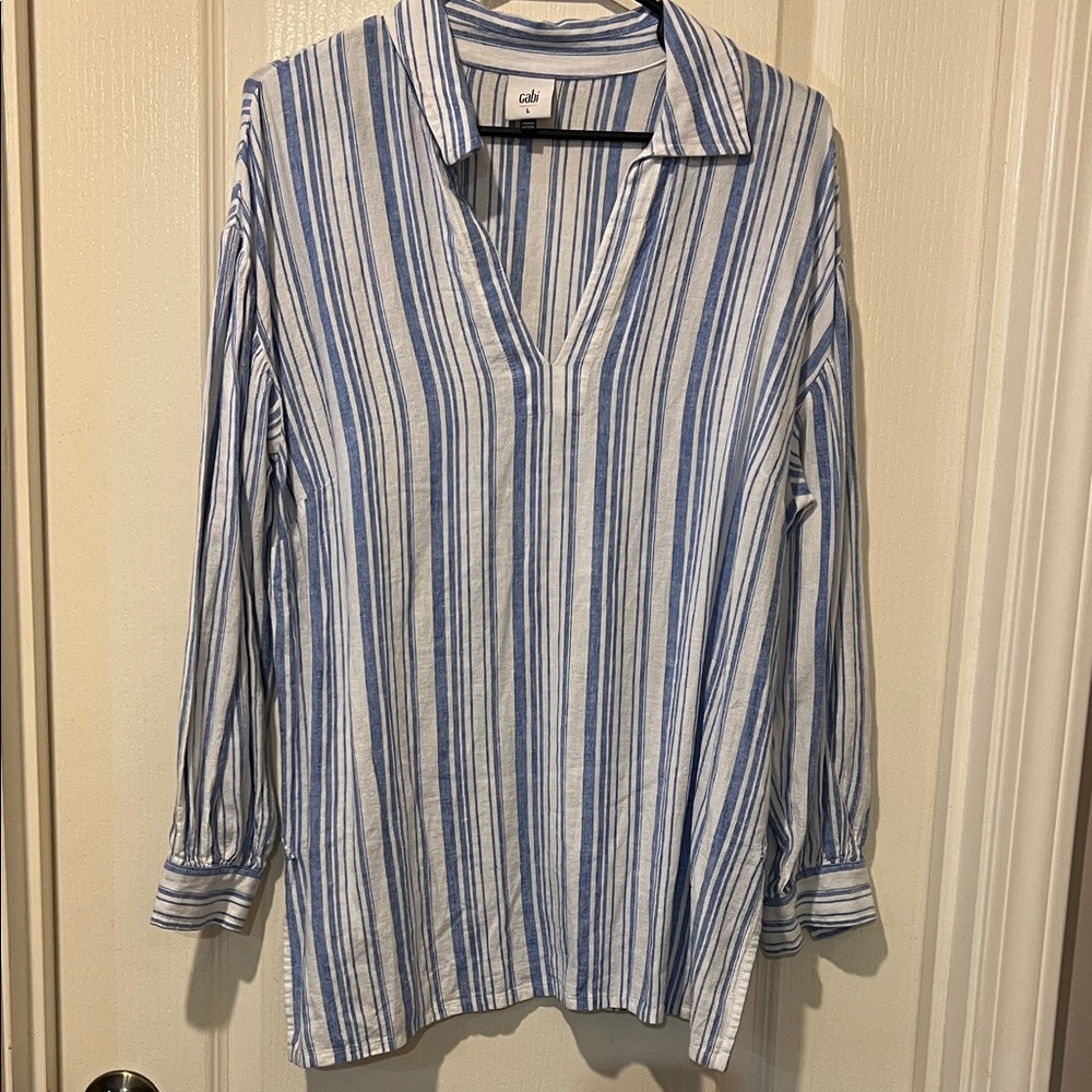 CAbi Blue and White Striped V-Neck Blouse